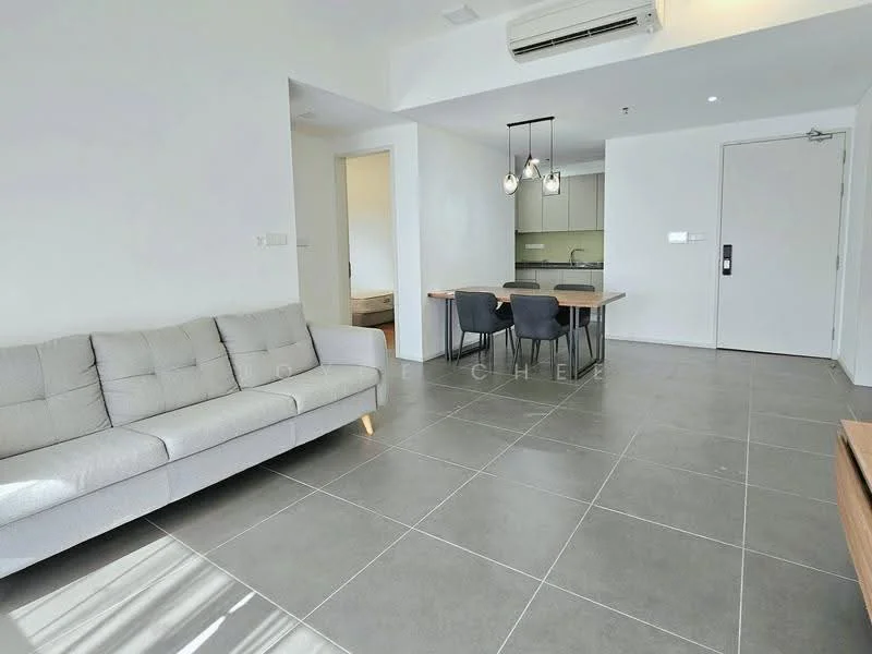 Living features: 3-seater fabric sofa in light grey, coffee table, floor-to-ceiling windows, grey tiled flooring, recessed downlights, air conditioning unit, dining table with 4 chairs, open layout to kitchen, white painted walls, sliding door to bedroom, decorative wall art; style: modern. Kitchen features: kitchen cabinets in light wood, stainless-steel sink, built-in oven, 4-burner gas hob, extractor hood, grey countertop, refrigerator, open shelving, white backsplash; style: modern.