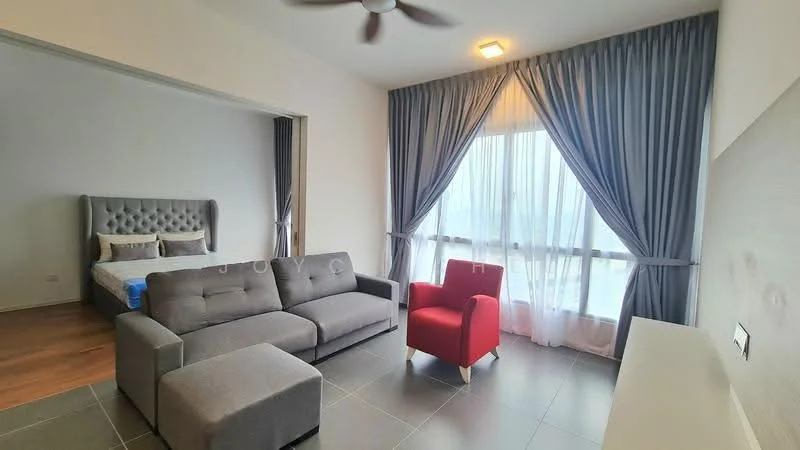 Living features: grey fabric sofa, red accent chair, wooden flooring, large floor-to-ceiling window, sheer curtains, dark grey wall, ceiling fan, TV console, decorative wall panel; style: modern; view: city. Bedroom features: queen-size bed, upholstered headboard, bedding, nightstand, table lamp; style: modern.