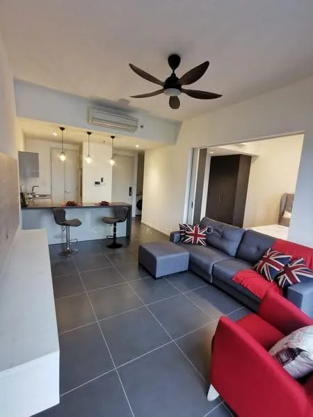 Living features: grey tiled flooring, 5-blade ceiling fan, sofa with Union Jack cushions, red accent chair, coffee table, bar counter with two stools, wall-mounted air conditioning unit, open kitchen layout, decorative wall panel, light fixtures above bar counter; style: modern.