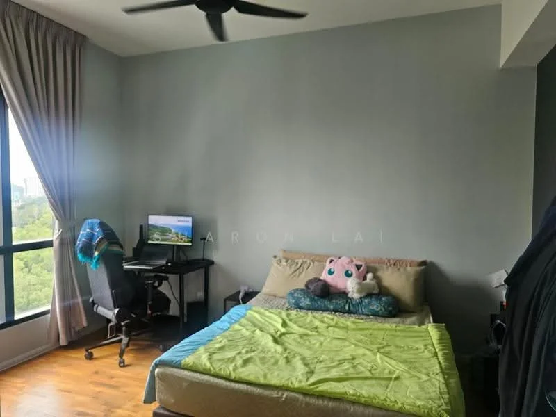Bedroom features: queen-size bed, upholstered headboard, green bedding, wooden flooring, floor-to-ceiling windows, curtains, study desk, office chair, wall-mounted TV, decorative plush toy, wall with grey paint, ceiling fan; style: modern; view: garden.