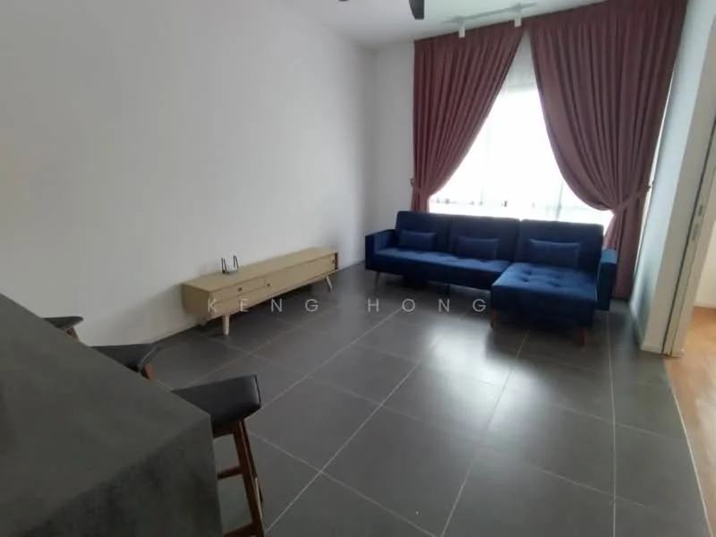 Living features: grey tiled flooring, white painted walls, floor-to-ceiling window, sheer curtains, dark blue fabric sofa, wooden TV console, 2 wooden bar stools, ceiling fan; style: modern.