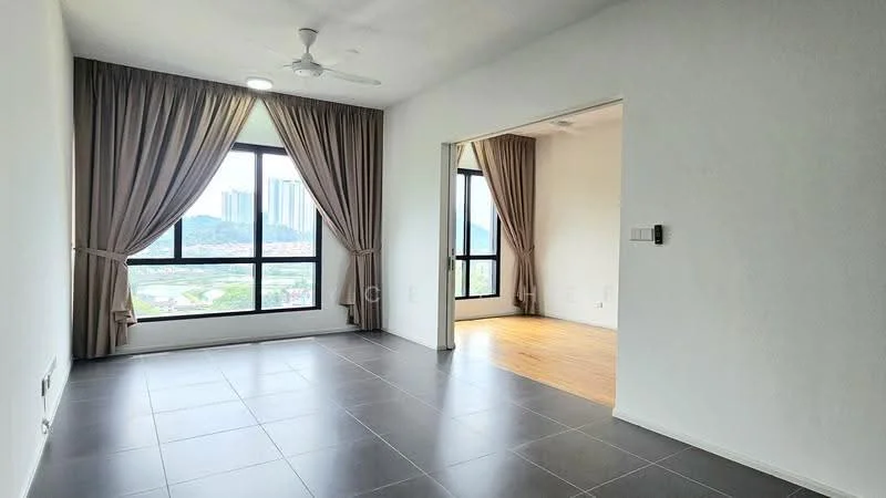 Living features: large floor-to-ceiling windows, grey tiled flooring, white painted walls, ceiling fan, curtains, city view, open layout, natural light; style: modern; view: city. Room features: wood flooring, white painted walls, doorway leading to another room.