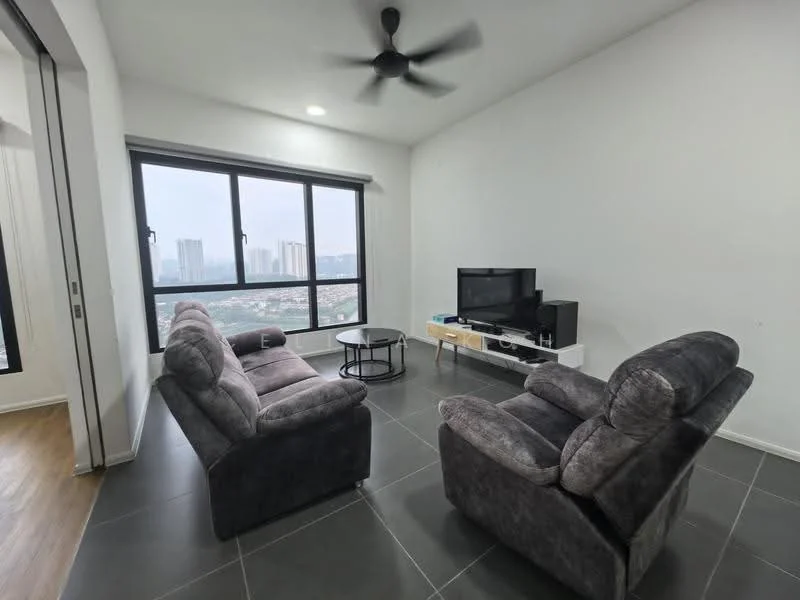 Living features: grey fabric 3-seater sofa, 2 grey recliner chairs, black coffee table, TV console with storage, wall-mounted TV, floor-to-ceiling windows, city skyline view, ceiling fan with light, grey tiled flooring, white painted walls; style: modern; view: city.