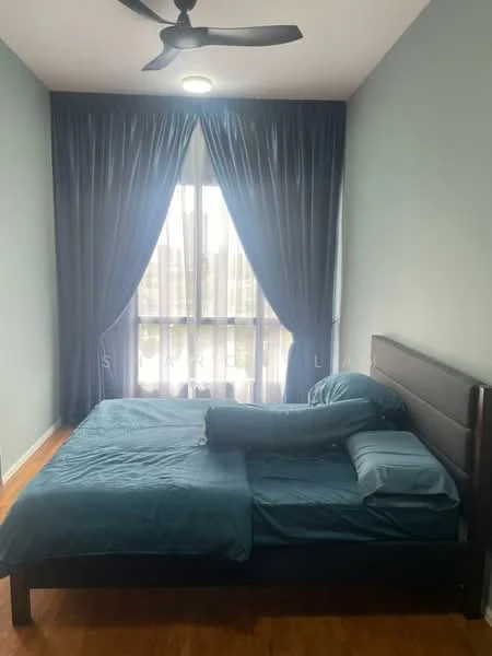 Bedroom features: king-size bed, upholstered headboard, blue bedding, floor-to-ceiling windows, sheer curtains, dark blue drapes, wooden flooring, 5-blade ceiling fan with light; style: modern.