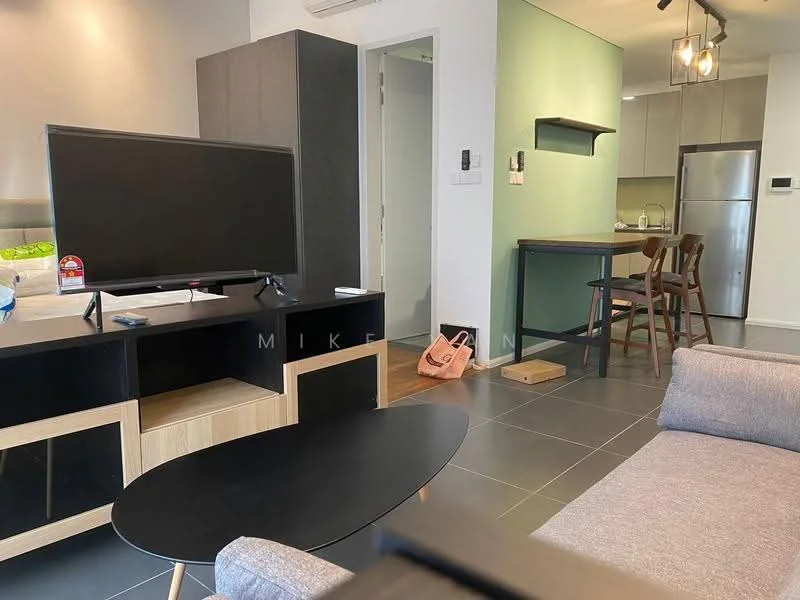 Living features: grey fabric sofa, black coffee table, TV console with storage, wall-mounted TV, pendant light fixture, open shelving unit, dark wood dining table, 4 wooden dining chairs, sliding glass door, tile flooring, white painted walls, green accent wall; style: modern.