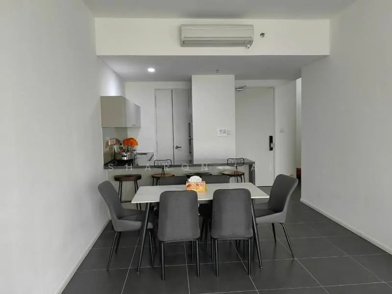 Dining features: 6-seater dining table, grey upholstered dining chairs, white walls, black tile flooring, recessed downlights, wall-mounted split AC, kitchen area visible in background, open layout; style: modern.