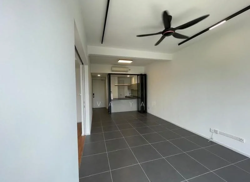Living features: grey tiled flooring, white painted walls, 5-blade ceiling fan with light, recessed LED downlights, open layout, large windows, sliding glass door, kitchen area visible in background; style: modern.