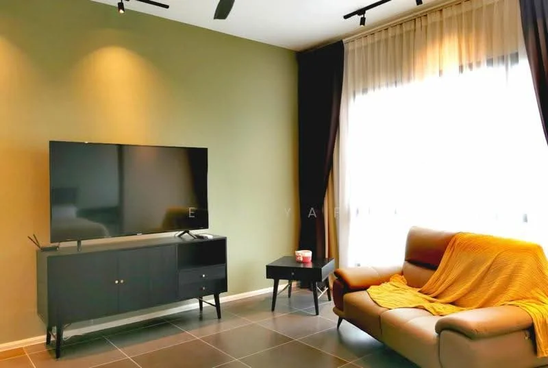Living features: grey accent wall, floor-to-ceiling windows, sheer curtains, blackout curtains, 3-seater leather sofa, yellow throw blanket, black TV console, wall-mounted TV, black side table, recessed downlights, polished tile flooring; style: modern.