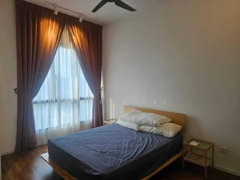 Bedroom features: queen-size bed, upholstered headboard, white bedding, wooden bedside table, floor-to-ceiling windows, sheer curtains, dark brown curtains, wooden flooring, 5-blade ceiling fan; style: modern; view: city.