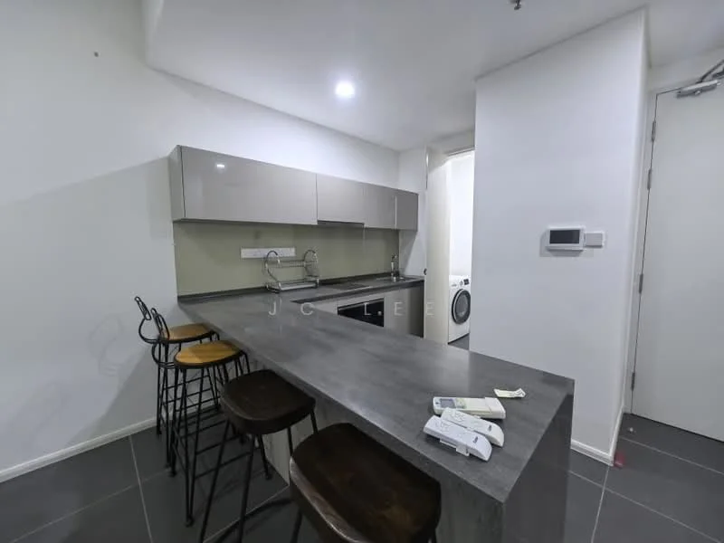 Kitchen features: grey laminate countertop, beige cabinetry, stainless-steel sink, chrome pull-down faucet, 4-bar stool seating, built-in oven, microwave, ceramic tile flooring, white painted walls, recessed downlights; style: modern.