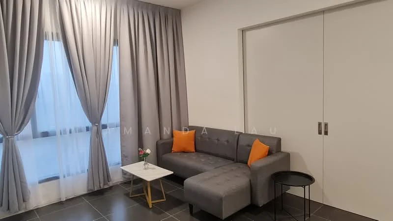 Living features: grey fabric sofa, orange throw pillows, white side table, black round side table, floor-to-ceiling windows, sheer curtains, grey curtains, dark tile flooring, built-in wardrobe with sliding doors, decorative flower arrangement; style: modern.
