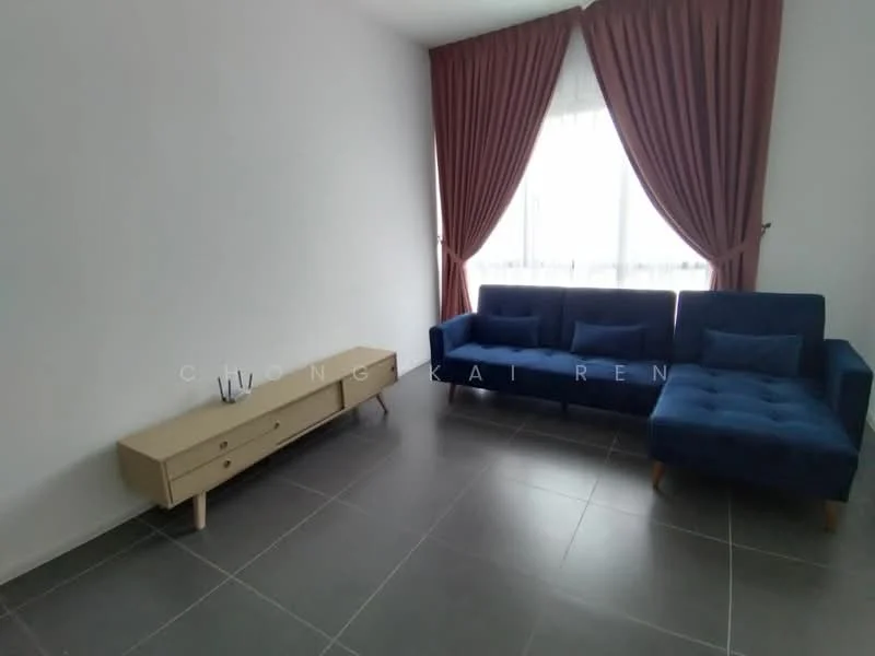 Living features: blue fabric sectional sofa, 2-seater fabric sofa, light wood TV console, grey tiled flooring, white painted walls, floor-to-ceiling window, sheer curtains, dark red curtains, decorative vase on console; style: modern.