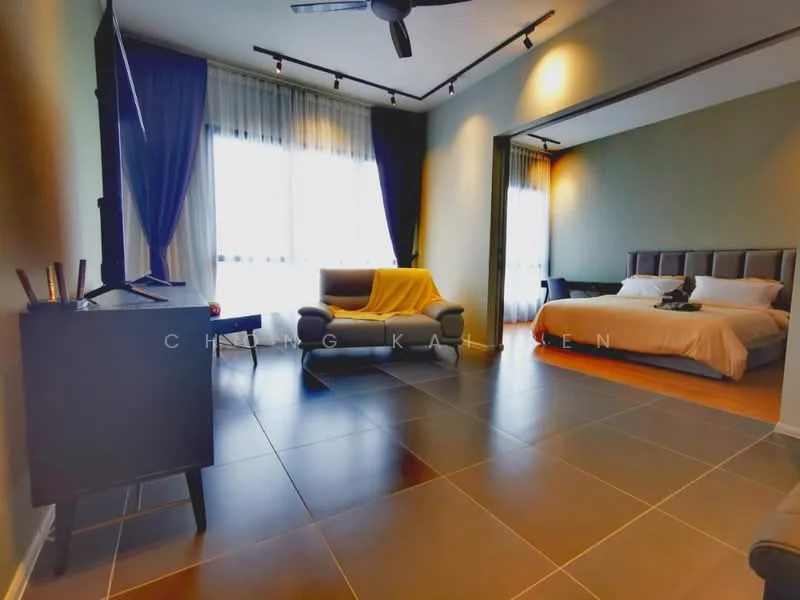 Room features: grey accent wall, white painted walls, floor-to-ceiling windows, sheer curtains, dark wood flooring, 3-blade ceiling fan, sofa in grey, yellow throw blanket on sofa, king-size bed with white bedding, decorative pillows on bed, nightstand with lamp, TV on stand; style: modern; view: city.