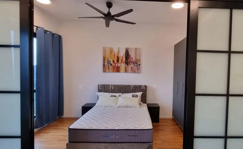 Bedroom features: queen-size bed, upholstered headboard, 2 bedside tables, ceiling fan, wooden flooring, grey curtains, framed artwork, sliding door wardrobe; style: modern.
