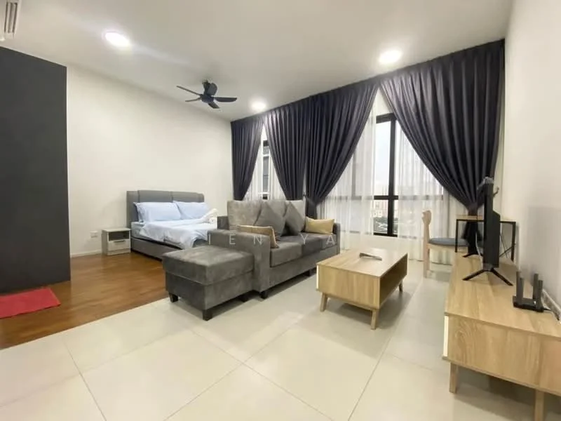 Living features: grey fabric sectional sofa, wooden coffee table, TV console, wall-mounted TV, 5-blade ceiling fan with light, floor-to-ceiling windows, blackout curtains, wooden flooring, decorative wall with dark finish, area rug; style: modern.