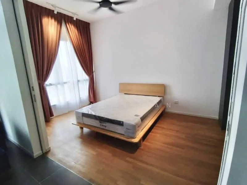 Bedroom features: queen-size bed, wooden bed frame, white walls, wooden flooring, floor-to-ceiling windows, sheer curtains, dark brown curtains, ceiling fan; style: modern.