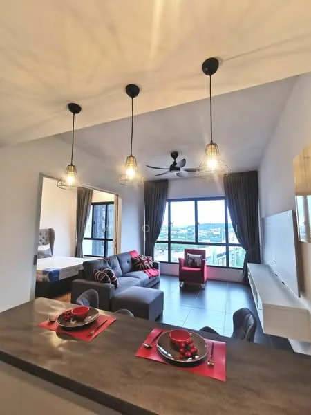 Living features: grey fabric sofa, red accent chair, coffee table, TV console, wall-mounted TV, pendant lighting, 5-blade ceiling fan, floor-to-ceiling windows, curtains, decorative cushions, area rug, dining table with plates and cutlery; style: modern; view: city.