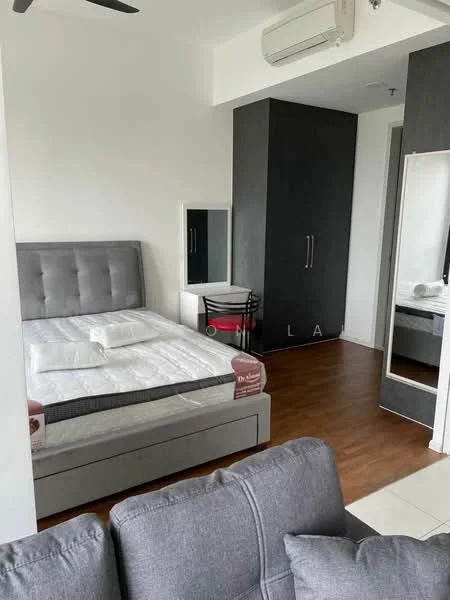 Bedroom features: queen-size bed with upholstered headboard, grey bedding, wooden flooring, 1 bedside table, mirror on wall, built-in wardrobe, wall-mounted air conditioning unit, ceiling fan, decorative wall art, sliding door wardrobe; style: modern.