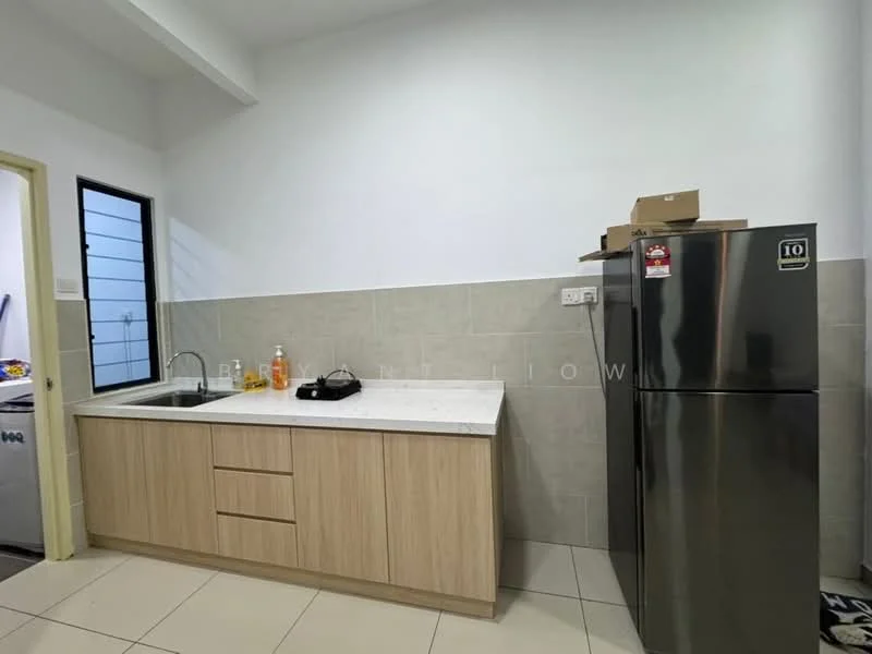 Kitchen features: single-bowl stainless-steel sink, chrome pull-down faucet, white quartz countertop, light wood cabinetry, stainless-steel fridge, tile backsplash, cream tiled flooring, window with black frame, wall-mounted electrical outlets, kitchen utensils on countertop; style: modern.