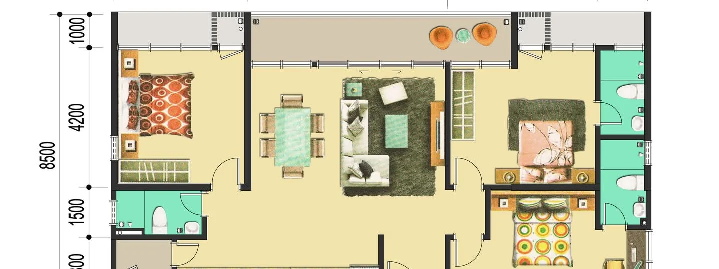 Floor plan: 3-bedroom 2-bathroom unit; features: open-plan kitchen-dining-living, master bedroom with ensuite bathroom, bedroom 2 with shared bathroom, utility room, central foyer, balcony off living room, dining area with 6-seater dining table, living area with sofa and coffee table, study or 4th bedroom, private terrace, laundry area.