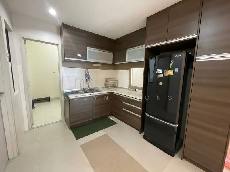 Kitchen features: brown cabinetry, white countertop, single-bowl stainless-steel sink, chrome pull-down faucet, built-in oven, freestanding range oven, black refrigerator, ceramic tile flooring, wall-mounted cabinets, open shelving, kitchen towel rack, window with sheer curtains, light fixture, green mat; style: modern.