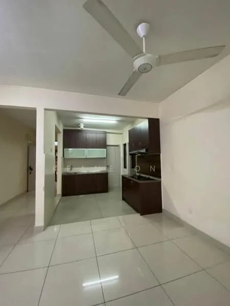 Kitchen features: white painted walls, glossy tile flooring, ceiling fan, brown wooden cabinetry, black countertop, built-in oven, stainless-steel sink, single-bowl stainless-steel sink, kitchen island, recessed lighting; style: modern. Living features: white painted walls, glossy tile flooring, ceiling fan; style: modern.