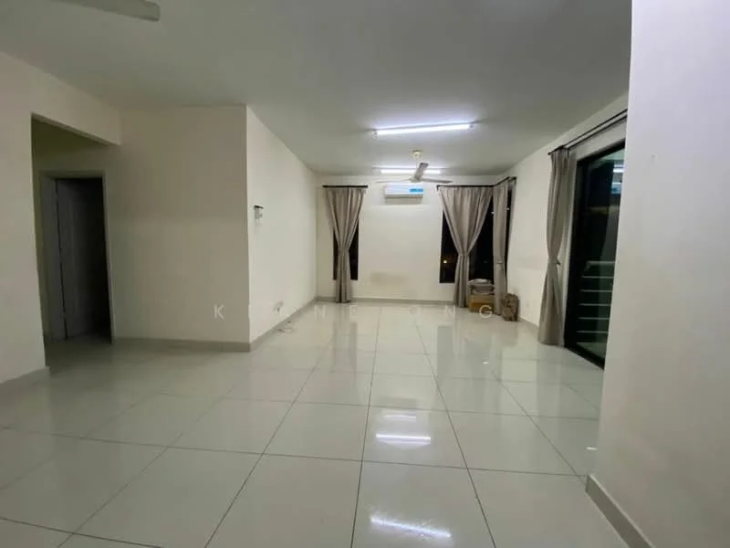 Living features: white painted walls, glossy ceramic tile flooring, recessed LED downlights, floor-to-ceiling windows, sheer curtains, sliding glass door, air conditioning unit, open layout; style: modern; view: city.