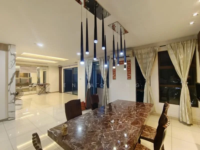 Dining features: marble dining table, upholstered dining chairs, hanging pendant lights, white painted walls, large windows with city view, glossy tile flooring, curtains, decorative wall art; style: modern; view: city. Living features: sofa, coffee table, TV console, large windows, open layout, glossy tile flooring; style: modern; view: city.
