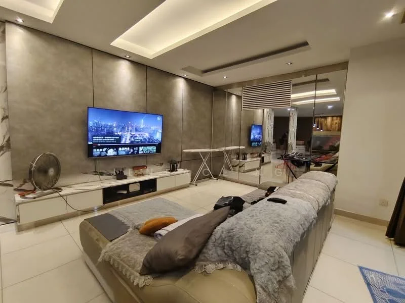 Living features: cream leather sofa, throw blanket, decorative pillows, wall-mounted TV, white TV console, mirrored wall, recessed ceiling lights, ceiling fan, white tiled flooring, decorative wall paneling, side table, folding table, area rug; style: modern; view: city.