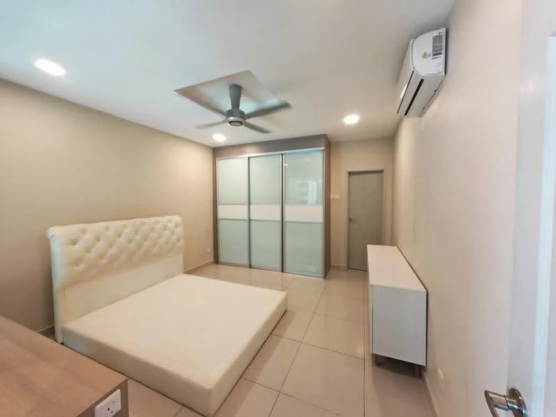 Bedroom features: queen-size bed frame without mattress, upholstered headboard, built-in wardrobe with sliding glass doors, white painted walls, recessed downlights, 5-blade ceiling fan, wall-mounted split AC, tile flooring, white console table, door leading to hallway; style: modern.