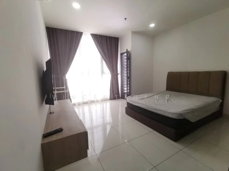 Bedroom features: queen-size bed with upholstered headboard, floor-to-ceiling windows, sheer curtains, dark wood TV console, wall-mounted TV, white painted walls, glossy tile flooring, recessed ceiling lights; style: modern.