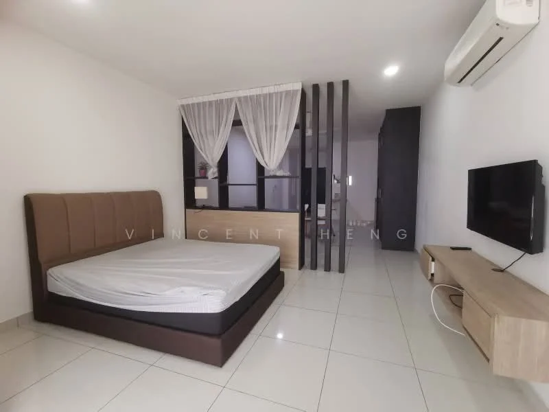 Bedroom features: queen-size bed with upholstered headboard, white mattress, floor-to-ceiling windows, sheer curtains, wall-mounted TV, light wood TV console, light wood dresser, white tiled flooring, wall-mounted air conditioning unit, decorative wall paneling; style: modern.