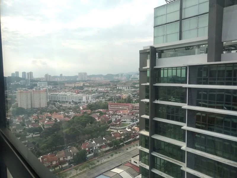 Exterior type: high-rise condominium; features: glass curtain wall, city skyline view, surrounded by residential buildings, urban landscape, multiple storeys, modern architectural design; style: modern.