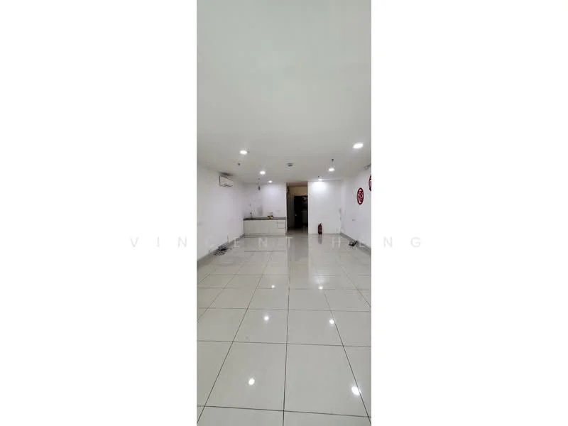 Room features: white painted walls, polished ceramic tile flooring, recessed LED downlights, 1 wall-mounted split AC, open layout, no visible furniture or decor; style: modern.