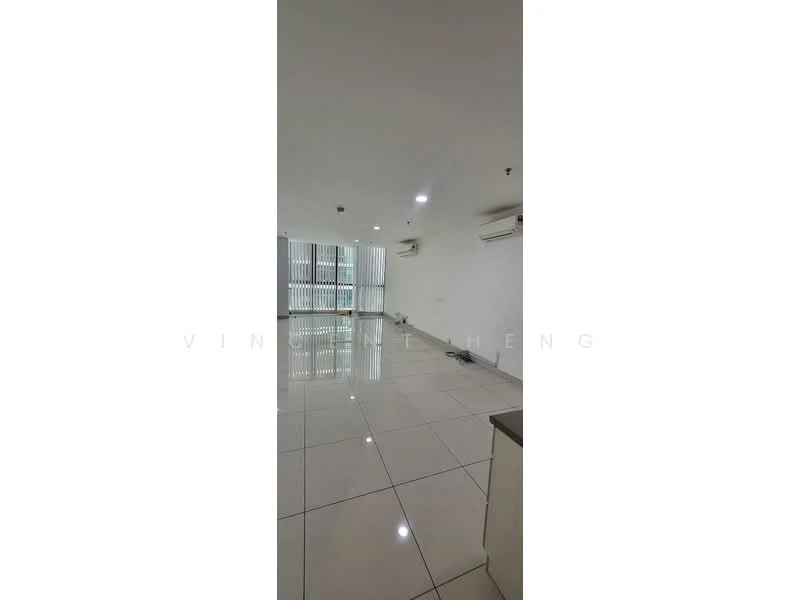 Living features: white painted walls, glossy ceramic tile flooring, recessed downlights, 2 wall-mounted split ACs, floor-to-ceiling windows, vertical blinds, open layout, neutral color scheme; style: modern.