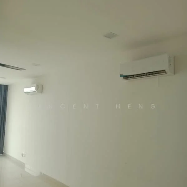 Room features: white painted walls, polished tile flooring, 2 wall-mounted split ACs, recessed ceiling lights; style: modern.