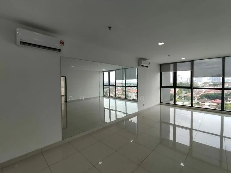 Room features: white painted walls, glossy ceramic tile flooring, floor-to-ceiling windows, 1 wall-mounted split AC, mirrored wall, city view, recessed downlights, open layout; style: modern; view: city.