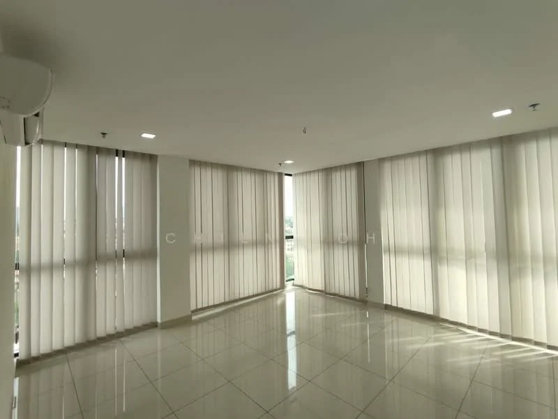 Room features: white painted walls, glossy ceramic tile flooring, floor-to-ceiling windows, vertical blinds, recessed LED downlights, 1 wall-mounted split AC; style: modern; view: city.