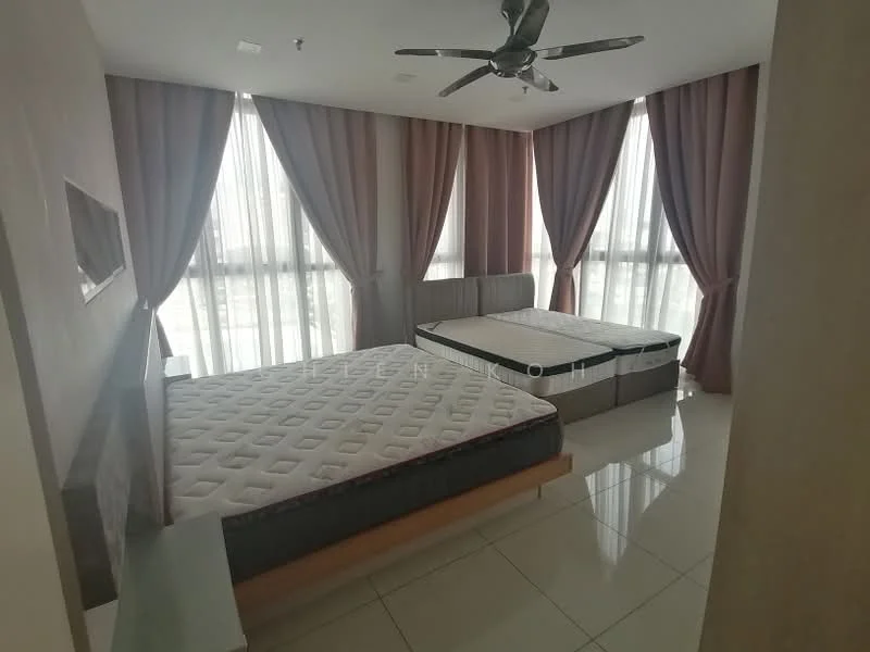 Bedroom features: two queen-size beds, upholstered headboards, floor-to-ceiling windows, sheer curtains, heavy drapes in light pink, ceiling fan, glossy tile flooring, wall-mounted mirror, neutral wall colour; style: modern; view: city.