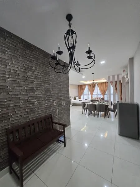 Room features: grey exposed brick accent wall, white painted walls, glossy white tile flooring, chandelier with black finish, wooden bench, dining area visible in background, large windows with sheer curtains, recessed ceiling lights; style: modern.