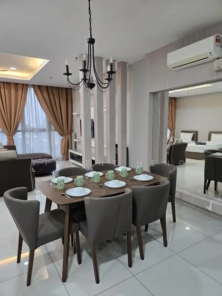 Dining features: 6-seater dining table, wooden dining table, upholstered dining chairs in grey, white plates on the table, chandelier with multiple bulbs, mirror on the wall, air conditioning unit on the wall, curtains in beige, floor-to-ceiling windows, glossy tile flooring; style: modern. Living features: sofa in light color, coffee table, TV console, wall-mounted TV, decorative wall paneling; style: modern.