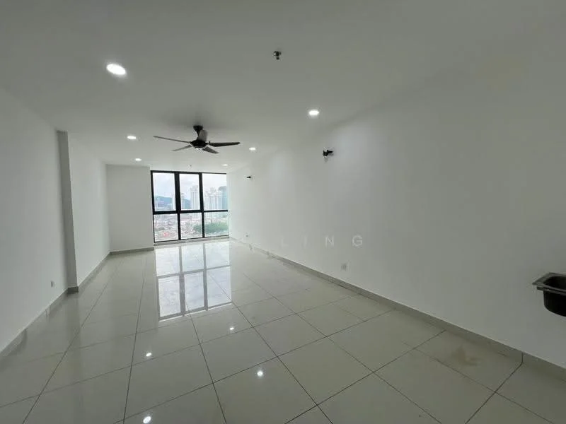 Living features: white painted walls, glossy ceramic tile flooring, 5-blade ceiling fan with light, floor-to-ceiling windows, city view, recessed downlights, sliding glass door, open layout; style: modern; view: city.