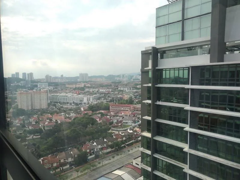 Exterior type: high-rise condominium; features: glass curtain wall, modern architectural design, surrounded by urban landscape, view of city skyline, adjacent to residential area, multiple storeys visible, balconies on upper floors; style: modern.