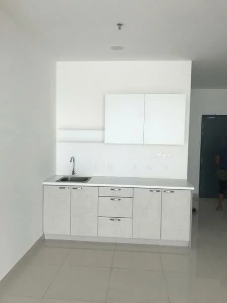 Kitchen features: white cabinetry with silver handles, single-bowl stainless-steel sink, chrome pull-down faucet, white countertop, ceramic tile flooring, plain white walls, overhead cabinets, no visible appliances; style: modern.