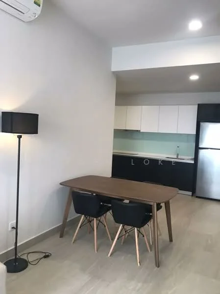 Dining features: wooden dining table, 4 black dining chairs, floor lamp, light grey walls, tile flooring, recessed downlights, open kitchen layout, stainless-steel fridge; style: modern. Kitchen features: white cabinetry, light blue backsplash, single-bowl stainless-steel sink, chrome faucet, built-in kitchen appliances; style: modern.