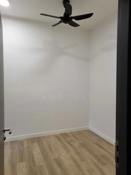 Room features: white painted walls, wooden flooring, 5-blade ceiling fan, door with handle, corner lighting, no visible windows; style: modern.