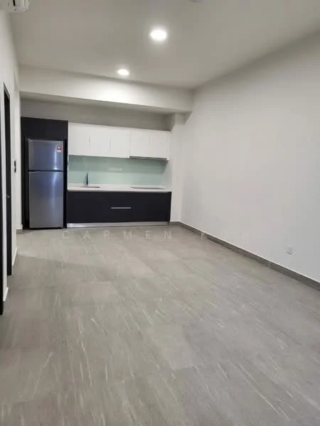 Kitchen features: grey tile flooring, white painted walls, kitchen cabinets in dark blue, white upper cabinets, stainless-steel fridge, single-bowl stainless-steel sink, chrome pull-down faucet, glass backsplash, recessed downlights, open layout, countertop with space for appliances; style: modern.