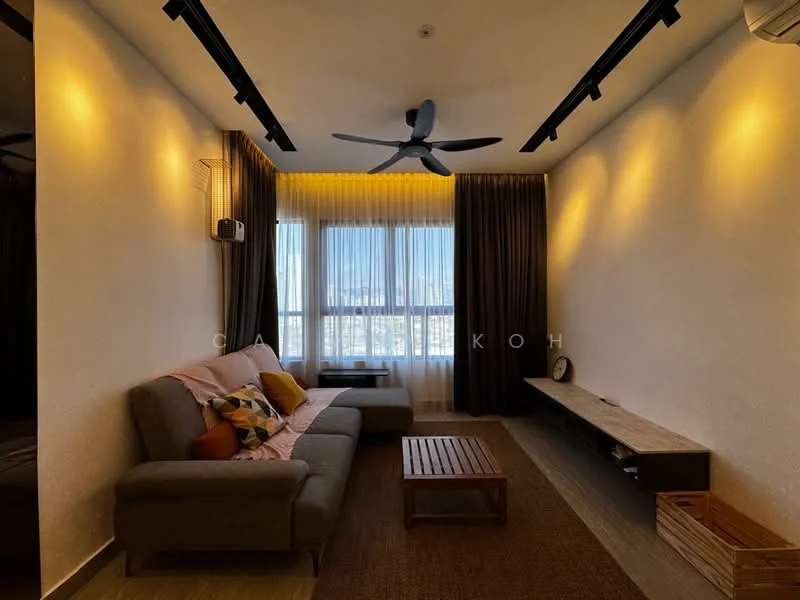 Living features: 3-seater fabric sofa in grey, decorative throw pillows, wooden coffee table, wall-mounted TV console, floor-to-ceiling windows, sheer curtains, dark curtains, recessed downlights, 5-blade ceiling fan, wooden flooring, area rug with natural texture; style: modern; view: city.