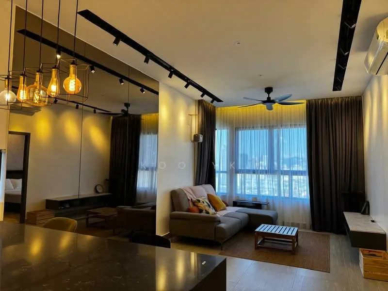 Living features: 3-seater fabric sofa in grey, wood coffee table, area rug, floor-to-ceiling windows, sheer curtains, blackout curtains, 5-blade ceiling fan with light, recessed LED downlights, wall-mounted TV, TV console, decorative wall mirror, wooden shelving unit; style: modern; view: city.