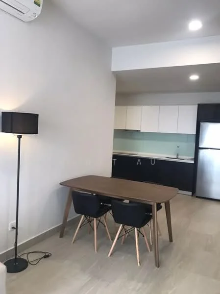 Dining features: wooden dining table, 4 black plastic dining chairs, floor lamp with black shade, light grey walls, recessed LED downlights, light-colored tile flooring, air conditioning unit on wall, kitchen area visible in background, stainless-steel fridge visible in background; style: modern. Kitchen features: white cabinetry, black lower cabinetry, light blue backsplash, single-bowl stainless-steel sink, built-in kitchen countertop, stainless-steel appliances, recessed LED downlights; style: modern.